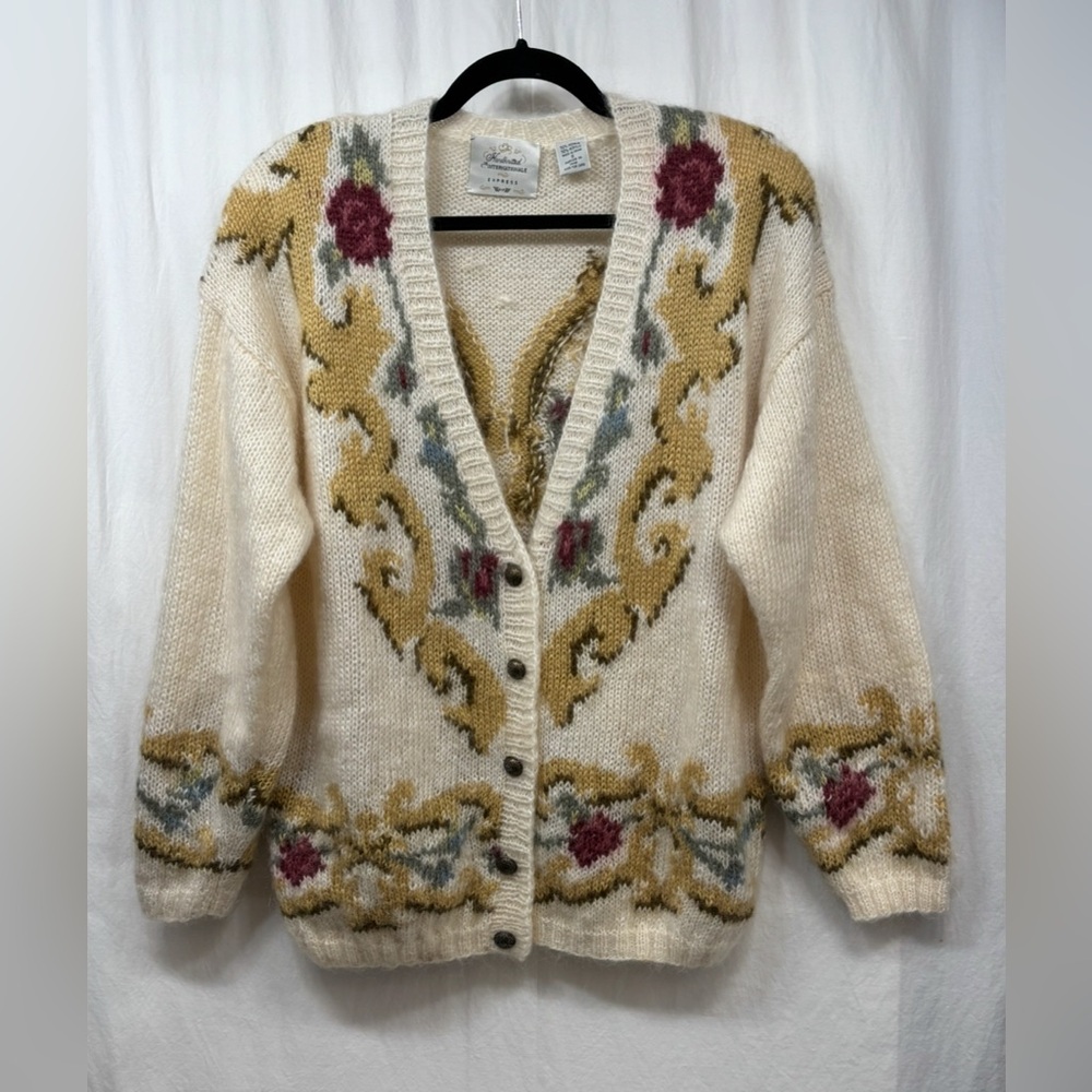 Express Handknitted Internationale Cardigan Sweater Small VNeck Mohair Blend